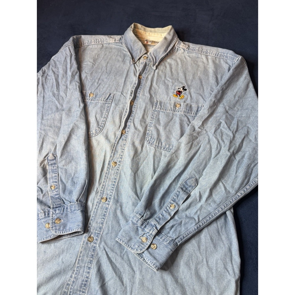 Vtg Walt Disney World Mickey Mouse Denim Button Up Shirt XL Light Wash 4201